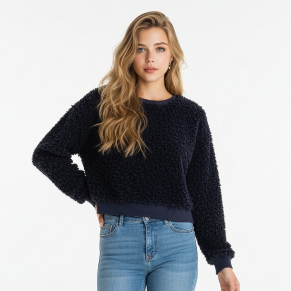 Juicy Couture Navy Parisian Night Curl Faux Fur Fuzzy Teddy Pullover Sweater S J